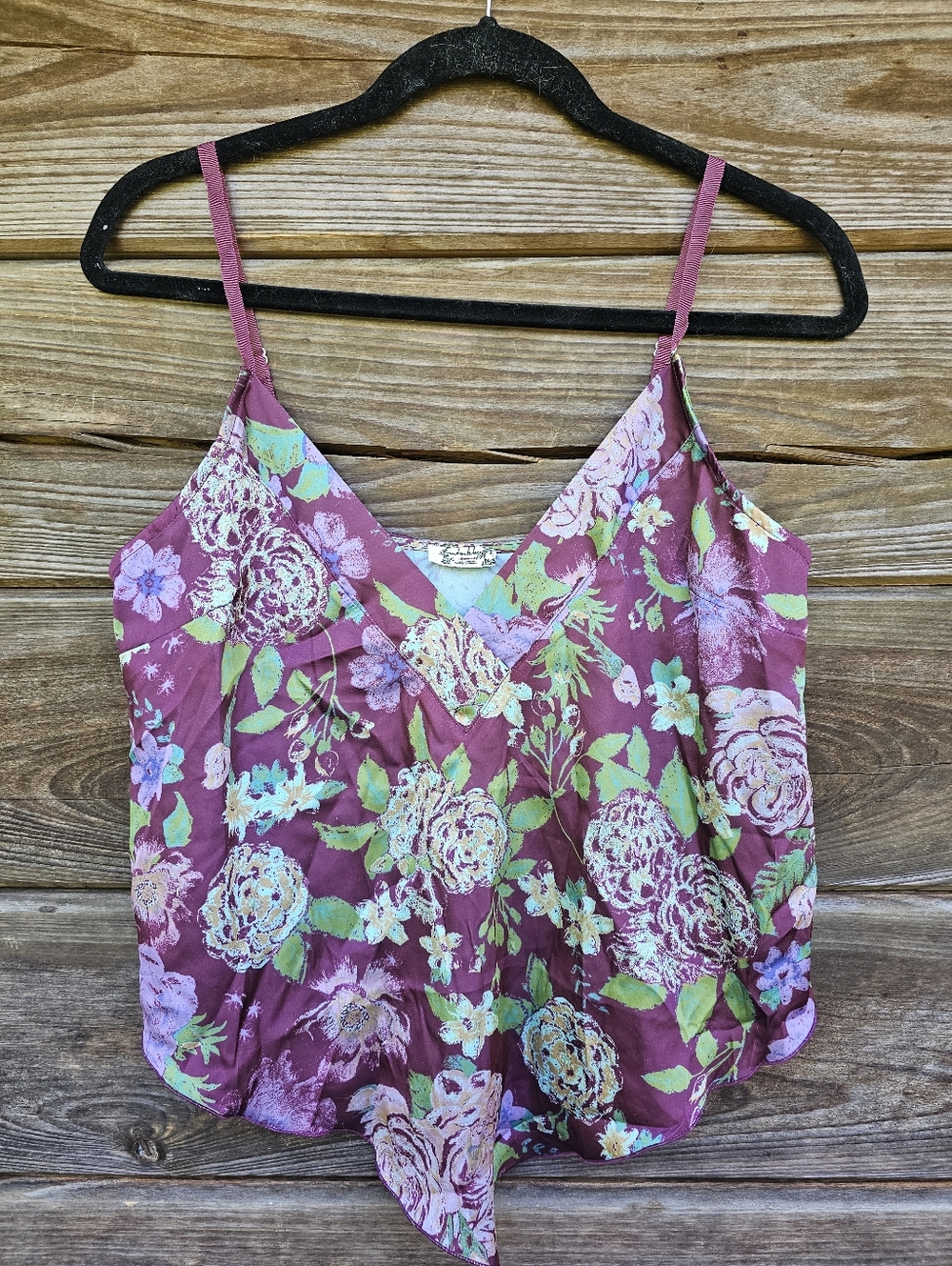 Free People Floral Handkerchief Hem Cami Tank Top Burgundy Boho Size S